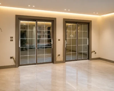Modern empty room with glass doors